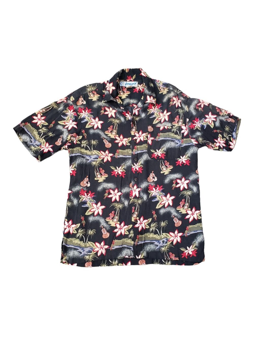 Utility Retro Hawaiian Floral Dancer Button Down Collared Short Sleeve T Shirt